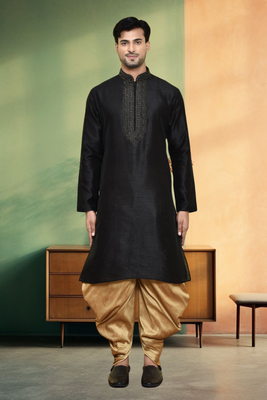 Black art silk embroidery kurta patiyala indian ethnic wear for men's 1