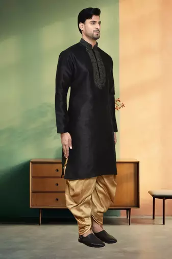 Black art silk embroidery kurta patiyala indian ethnic wear for men's