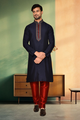 Navy blue art silk embroidery kurta churidar indian ethnic wear for men's 1