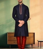 Navy blue art silk embroidery kurta churidar indian ethnic wear for men's