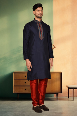Navy blue art silk embroidery kurta churidar indian ethnic wear for men's 2