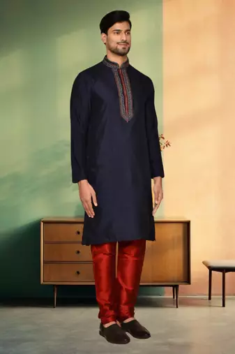 Navy blue art silk embroidery kurta churidar indian ethnic wear for men's