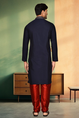Navy blue art silk embroidery kurta churidar indian ethnic wear for men's 3