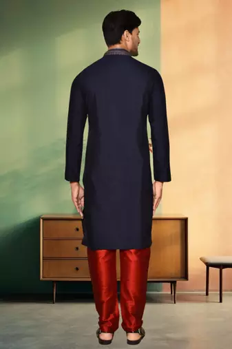 Navy blue art silk embroidery kurta churidar indian ethnic wear for men's