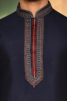 Navy blue art silk embroidery kurta churidar indian ethnic wear for men's 4
