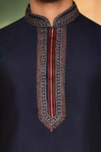 Navy blue art silk embroidery kurta churidar indian ethnic wear for men's