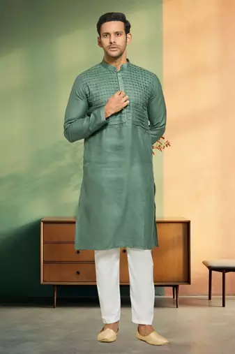 Pintex pista green cotton kurta pyjama indian traditional ethnic wear