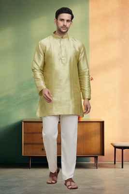 Short kurta pyjama beige green traditional look for men's 1