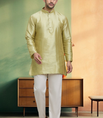Short kurta pyjama beige green traditional look for men's