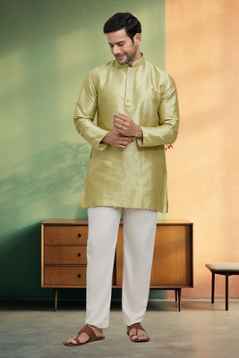 Short kurta pyjama beige green traditional look for men's 2