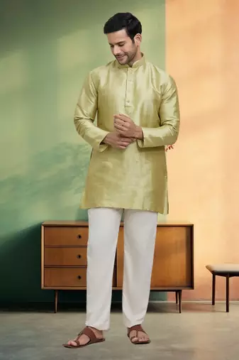 Short kurta pyjama beige green traditional look for men's