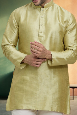 Short kurta pyjama beige green traditional look for men's 4
