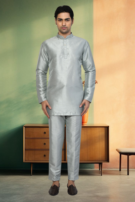 Short kurta pant silver color traditional look for men's 1