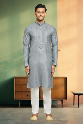 Pintex light grey cotton kurta pyjama for men's 1