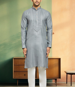 Pintex light grey cotton kurta pyjama for men's