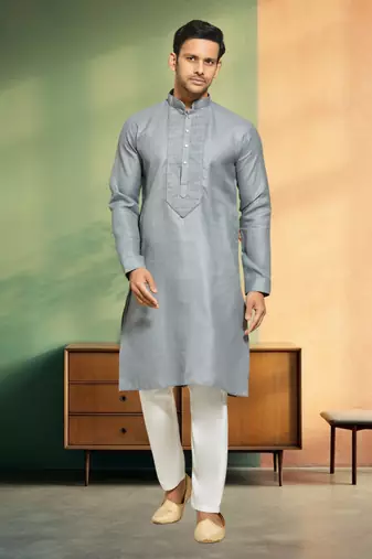 Pintex light grey cotton kurta pyjama for men's