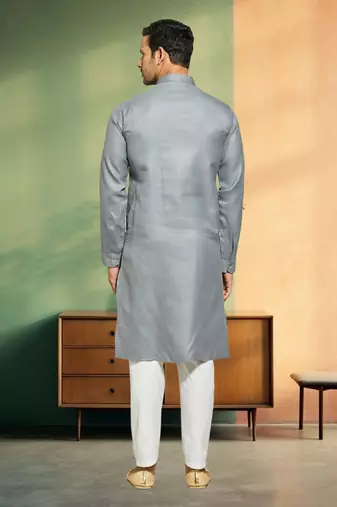 Pintex light grey cotton kurta pyjama for men's