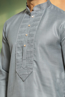 Pintex light grey cotton kurta pyjama for men's 4