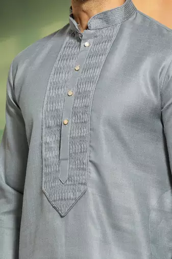 Pintex light grey cotton kurta pyjama for men's