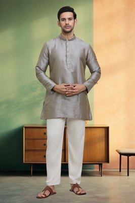 Grey short kurta pyjama indian ethnic wear for men's 1