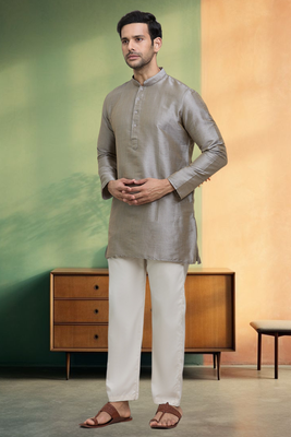 Grey short kurta pyjama indian ethnic wear for men's 2