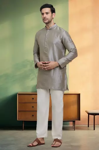 Grey short kurta pyjama indian ethnic wear for men's