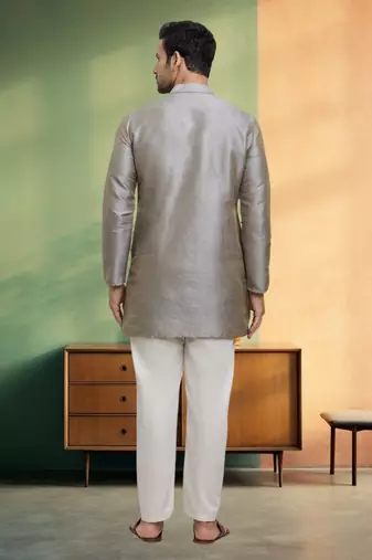 Grey short kurta pyjama indian ethnic wear for men's