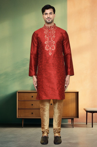 Art silk maroon embroidery kurta churidar for men's indian ethnic wear