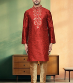 Art silk maroon embroidery kurta churidar for men's indian ethnic wear