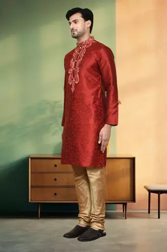 Art silk maroon embroidery kurta churidar for men's indian ethnic wear
