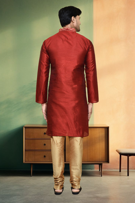 Art silk maroon embroidery kurta churidar for men's indian ethnic wear 3