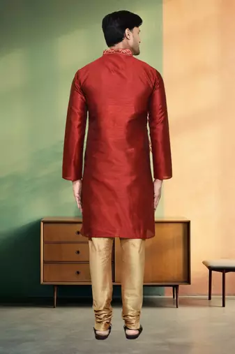Art silk maroon embroidery kurta churidar for men's indian ethnic wear