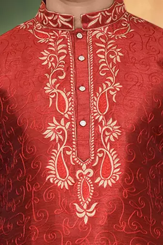 Art silk maroon embroidery kurta churidar for men's indian ethnic wear
