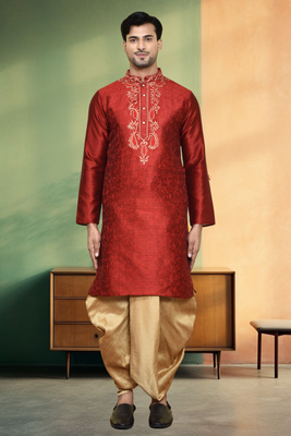 Art silk maroon embroidery kurta dhoti for men's indian ethnic wear 1