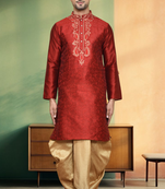 Art silk maroon embroidery kurta dhoti for men's indian ethnic wear