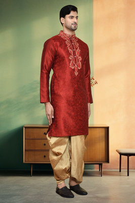 Art silk maroon embroidery kurta dhoti for men's indian ethnic wear 2