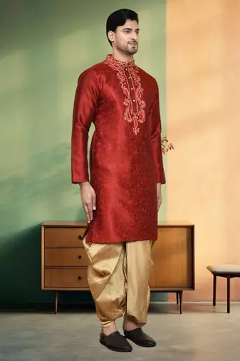 Art silk maroon embroidery kurta dhoti for men's indian ethnic wear