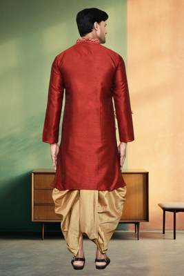 Art silk maroon embroidery kurta dhoti for men's indian ethnic wear 3