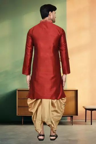 Art silk maroon embroidery kurta dhoti for men's indian ethnic wear