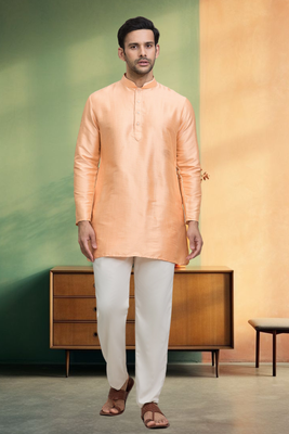 Orange cotton short kurta pyjama for men's 1
