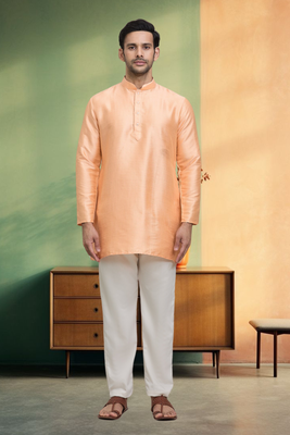 Orange cotton short kurta pyjama for men's 2