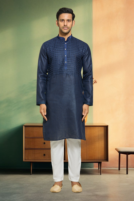 Pintex art silk navy blue kurta pyjama indian traditional ethnic wear 1