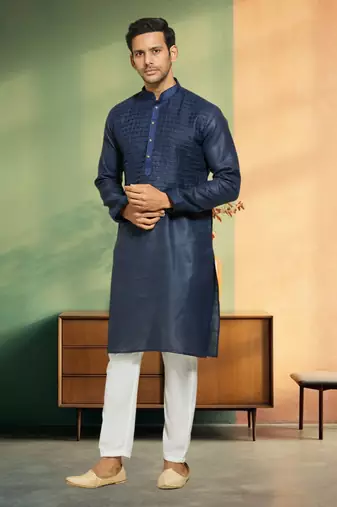Pintex art silk navy blue kurta pyjama indian traditional ethnic wear