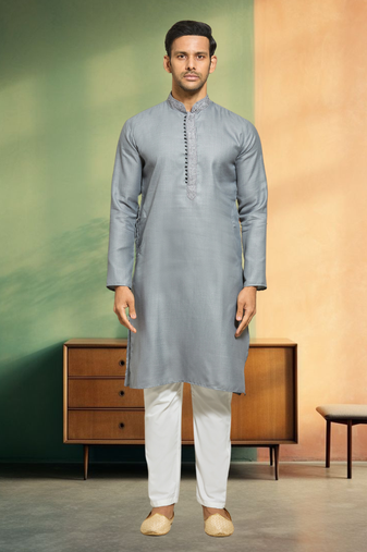 Light grey cotton kurta pyjama for men's