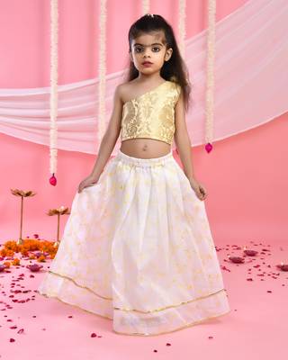 Off White and Gold Cotton Printed Kids' Lehenga 1