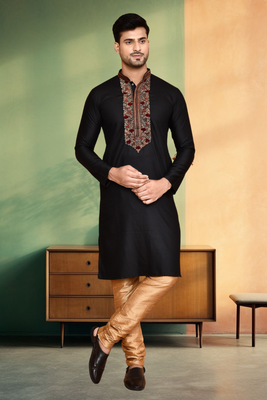 Black art silk embroidery kurta churidar traditional ethnic wear for men's 1