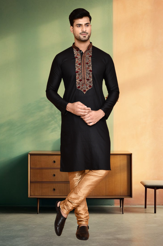 Black art silk embroidery kurta churidar traditional ethnic wear for men's