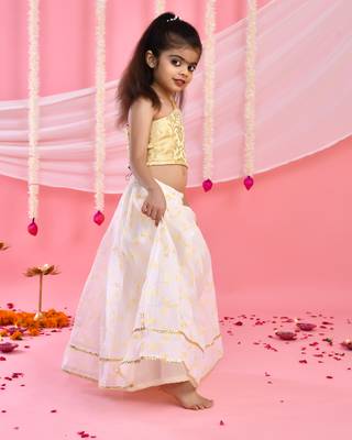 Off White and Gold Cotton Printed Kids' Lehenga 2