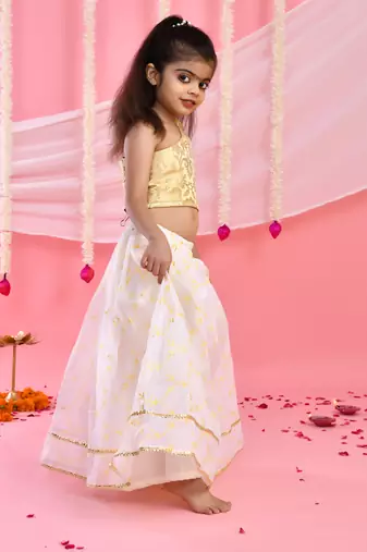 Off White and Gold Cotton Printed Kids' Lehenga
