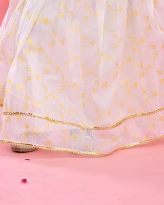 Off White and Gold Cotton Printed Kids' Lehenga 4